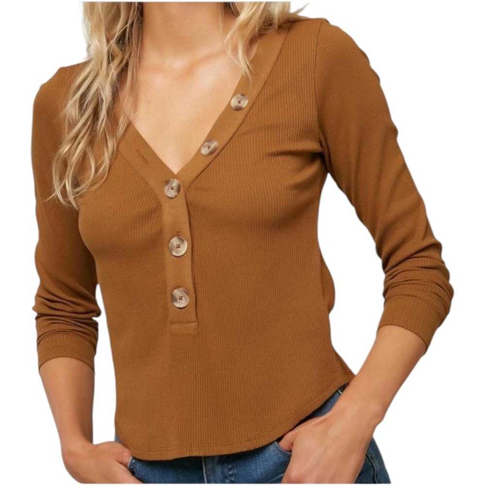 O'NEILL Henley‎ Top Riell Ribbed Knit Long Sleeves Gold Coast Women's Medium Y2K